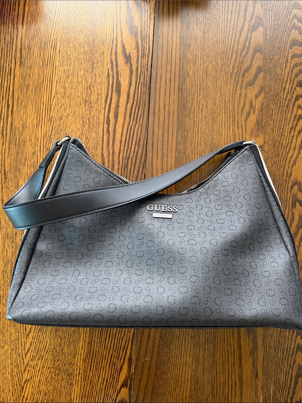 GUESS Charcoal Signature Shoulder Bag with Silver Logo
